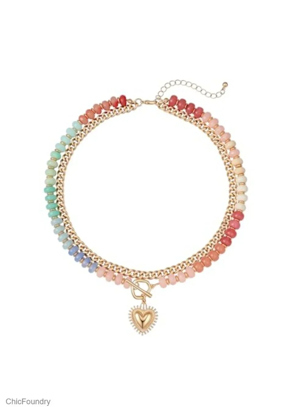 Layered Acrylic Bead Necklace - 14k Gold Plated Heart Pendant Choker